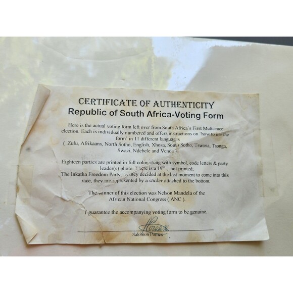 South African 1994 Voting Ballot Election Mandela W Certificate Of Authenticity - Picture 13 of 16